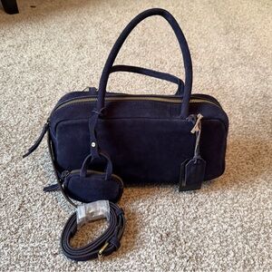 NWT Navy Blue Genuine Leather Suede Handle Crossbody Handbag Purse